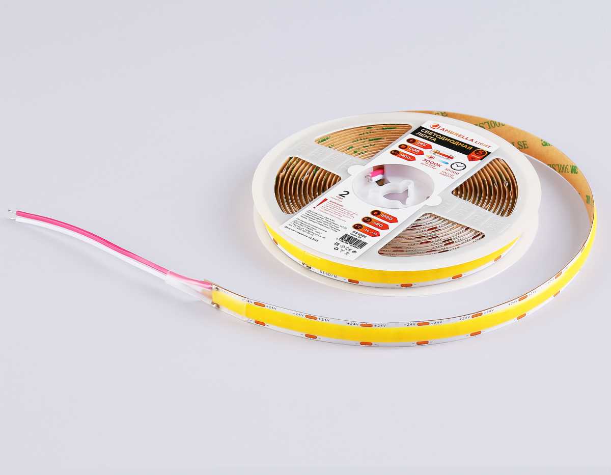 Светодиодная лента Ambrella Light GS4801 COB 616Led/19W m/ 24V IP20 3000K/ 5m*12mm*2mm (2 конт.) GS4801