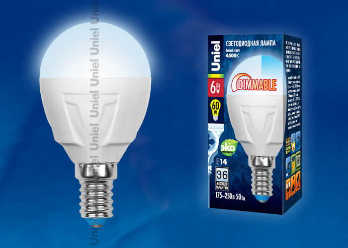 Лампа светодиодная диммируемая Uniel E14 6W 4500K матовая LED-G45-6W/NW/E14/FR/DIM PLP01WH UL-00000692