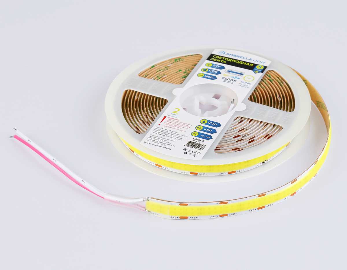 Светодиодная лента Ambrella Light GS4803 COB 616Led/19W m/ 24V IP20 6500K/ 5m*12mm*2mm (2 конт.) GS4803