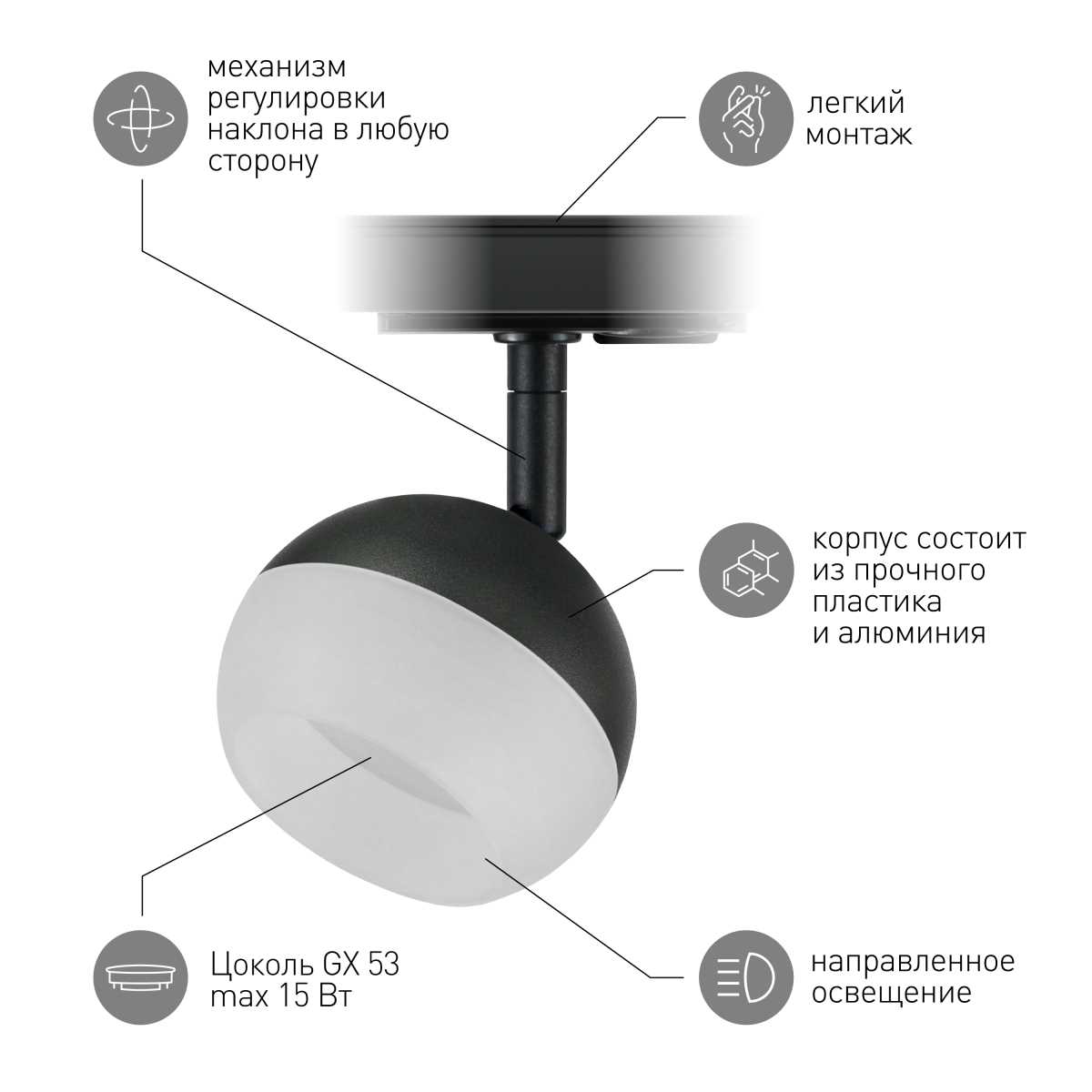 Трековый светильник однофазный ЭРА Round TR46-GX53 BK Б0054153
