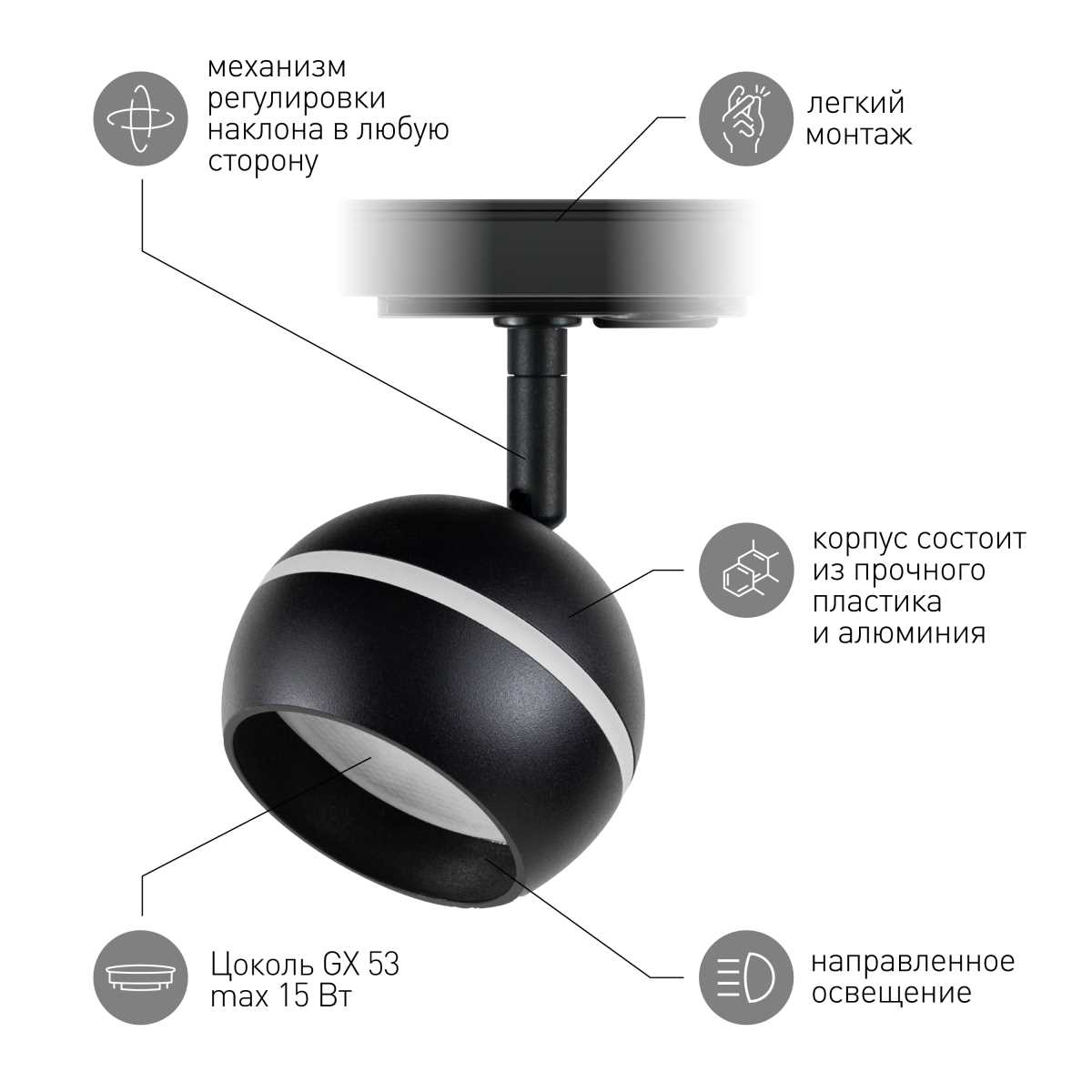Трековый светильник однофазный ЭРА Round TR47-GX53 BK Б0054156
