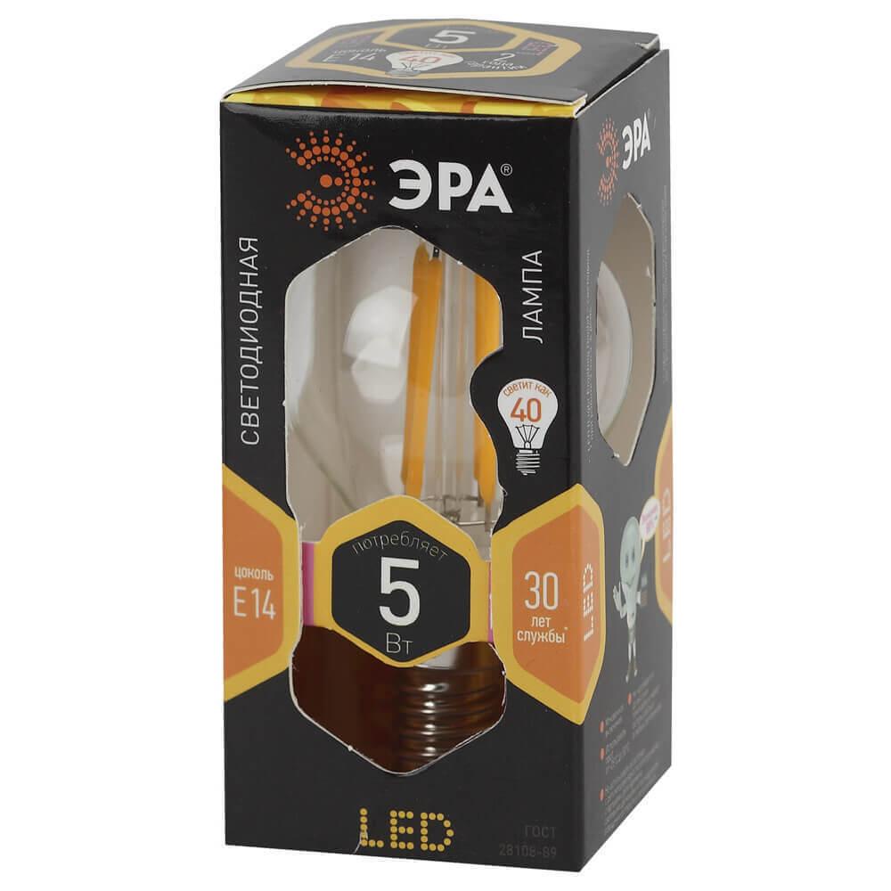 Лампа светодиодная филаментная ЭРА E14 5W 2700K прозрачная F-LED P45-5W-827-E14 Б0019006