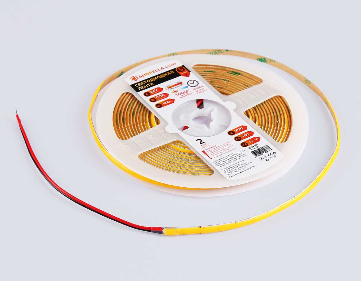 Светодиодная лента Ambrella Light GS4611 COB 400Led/10W m/ 24V IP20 3000K/ 5m*5mm*2.1mm (2 конт.) GS4611